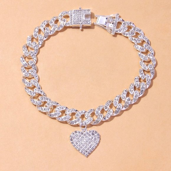 Chunky Miami Heart Shaped Cuban Link Foot Chain Anklet Bracelet Rhinestone - Picture 5 of 6
